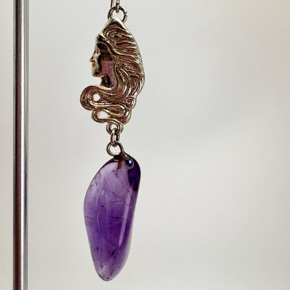 Sterling Silver 925 Amethyst Nugget Victorian Lady Dangle Earrings 3" Length - Picture 8 of 15